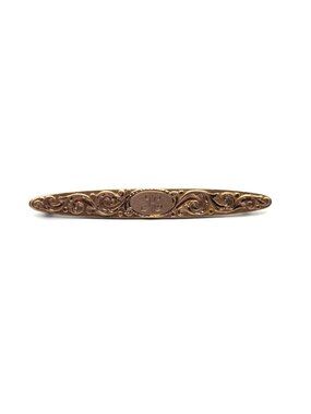 Antique Gold-Tone Victorian Bar Brooch With Engraved Scroll Design & Oval Monogr